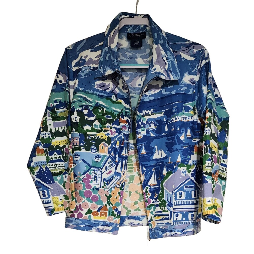 Artscapes Womens Cotton Canvas Full-Zip Jacket Sz L Blue Multicolor Wearable Art